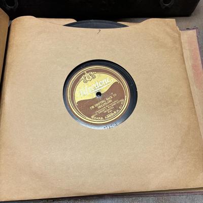 LOT 238: Vtg Birch Model Suitcase Victrola Windup Portable Record Player w/Vintage 78 rpm Records