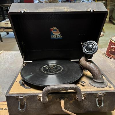 LOT 238: Vtg Birch Model Suitcase Victrola Windup Portable Record Player w/Vintage 78 rpm Records