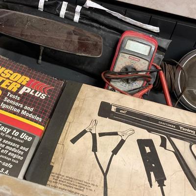 LOT 244: Garage Cabinet Finds - Portable Battery Tester, Sensor Tester Plus, Sears Craftsman Timing Light and More
