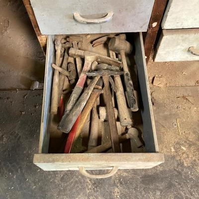 LOT 247: Large Tool Collection - Hammers, Hand Saws, Levels, T-Squares, Rulers and More