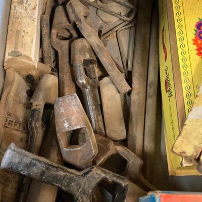 LOT 252: Garage Cabinet Finds - Gasket Hole Punch Set, Butt Chisels, Hollow Punch Set, Sharpening Stones and More