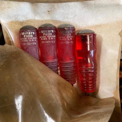 LOT 252: Garage Cabinet Finds - Gasket Hole Punch Set, Butt Chisels, Hollow Punch Set, Sharpening Stones and More