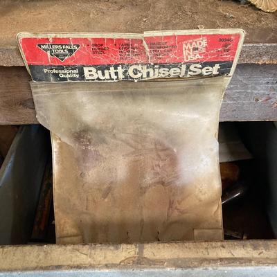 LOT 252: Garage Cabinet Finds - Gasket Hole Punch Set, Butt Chisels, Hollow Punch Set, Sharpening Stones and More