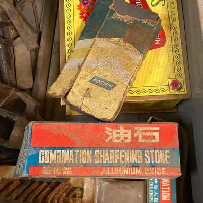 LOT 252: Garage Cabinet Finds - Gasket Hole Punch Set, Butt Chisels, Hollow Punch Set, Sharpening Stones and More