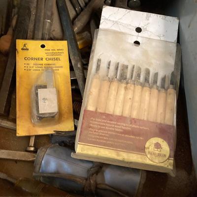 LOT 252: Garage Cabinet Finds - Gasket Hole Punch Set, Butt Chisels, Hollow Punch Set, Sharpening Stones and More