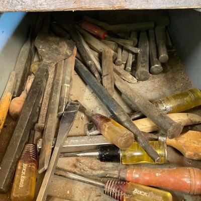 LOT 252: Garage Cabinet Finds - Gasket Hole Punch Set, Butt Chisels, Hollow Punch Set, Sharpening Stones and More