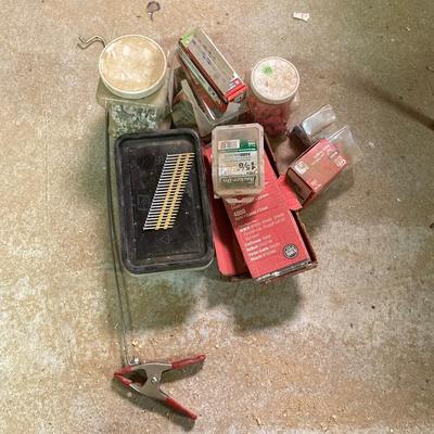 LOT 254: Pipe Clamps, Box of Grip Rite Framing Nails, Plastic Staples, Wing Guards, Hardware and More