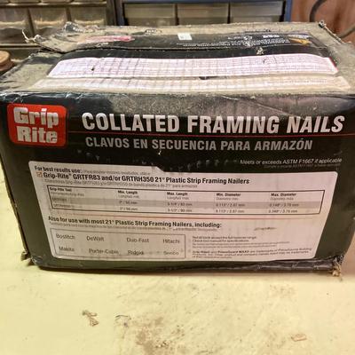 LOT 254: Pipe Clamps, Box of Grip Rite Framing Nails, Plastic Staples, Wing Guards, Hardware and More
