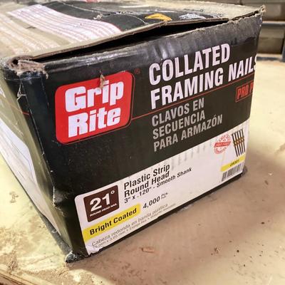 LOT 254: Pipe Clamps, Box of Grip Rite Framing Nails, Plastic Staples, Wing Guards, Hardware and More