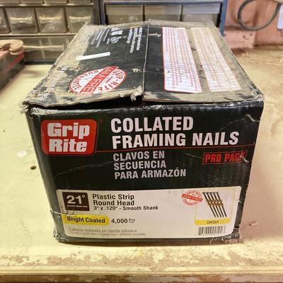 LOT 254: Pipe Clamps, Box of Grip Rite Framing Nails, Plastic Staples, Wing Guards, Hardware and More