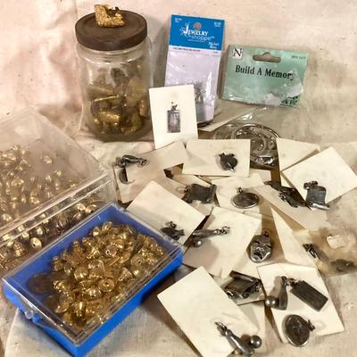 LOT 258: Vintagae Jewelry and Craft Finds - Charms, Gold Tone Corner Pieces, Pin / Tack Backs and More