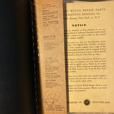 LOT 259: Vintage Official Catalogue of Swiss Watch Repair Parts Book, How to Replace Watch Batteries Book, Bulova Hands Catalog and...