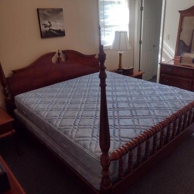 Vintage King Sized Turned Wood Four Post Bed with Mattress Set