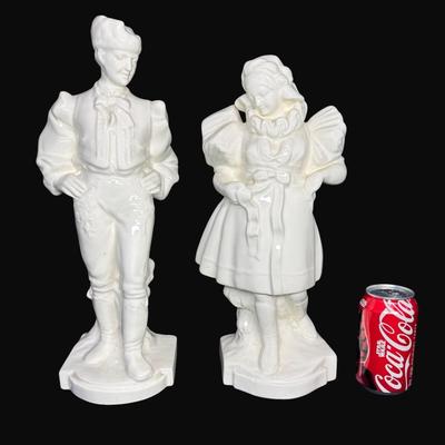 Sale Photo Thumbnail #226: Two pieces. Appears to be a man and woman square dancing.  There are two small chips (pictured). Tallest is 17". [RE]