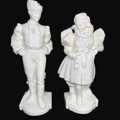 Sale Photo Thumbnail #225: Two pieces. Appears to be a man and woman square dancing.  There are two small chips (pictured). Tallest is 17". [RE]