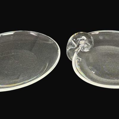 Sale Photo Thumbnail #241: Designed with nautilus scroll snail handle. Two pieces. Both are signed. Age related wear and some scratches on base.  Each measures 8.75" in diameter. [CS]