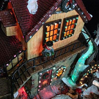 Fiber-Optic Winter Mill Scene — Animated Skaters, Waterwheel & Music