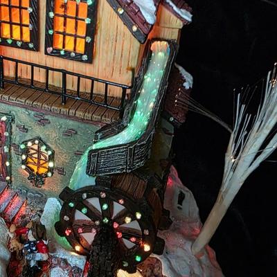 Fiber-Optic Winter Mill Scene — Animated Skaters, Waterwheel & Music