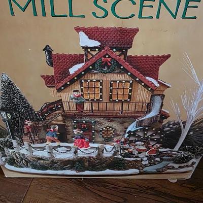Fiber-Optic Winter Mill Scene — Animated Skaters, Waterwheel & Music