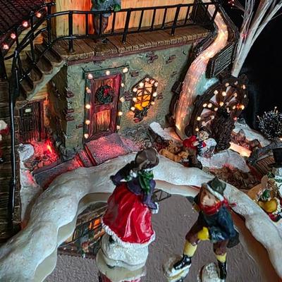 Fiber-Optic Winter Mill Scene — Animated Skaters, Waterwheel & Music