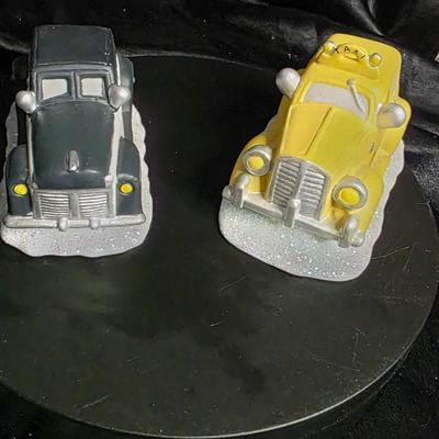 Vintage Enesco Porcelain Christmas Village Cars – Police Cruiser & Yellow Taxi Pair