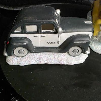 Vintage Enesco Porcelain Christmas Village Cars – Police Cruiser & Yellow Taxi Pair