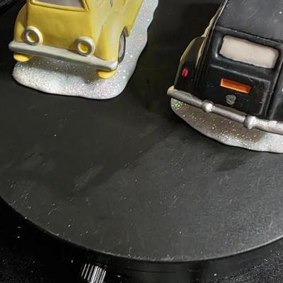 Vintage Enesco Porcelain Christmas Village Cars – Police Cruiser & Yellow Taxi Pair