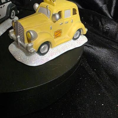 Vintage Enesco Porcelain Christmas Village Cars – Police Cruiser & Yellow Taxi Pair