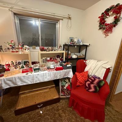 Sale Photo Thumbnail #18: Christmas decor, red upholstered Santa chair, storage, nautical decor
****Table, table cloth, plastic shelves, plastic shoe boxes, floor lamp not included)****