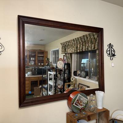 Sale Photo Thumbnail #46: Dishes, tins, glassware, books, custom curtains, mirror, silverware, framed art, etc
****Table, table cloth, plastic shelf, 2 wooden shelves, plate stands not included)****