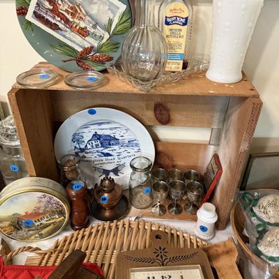 Sale Photo Thumbnail #43: Dishes, tins, glassware, books, custom curtains, mirror, silverware, framed art, etc
****Table, table cloth, plastic shelf, 2 wooden shelves, plate stands not included)****