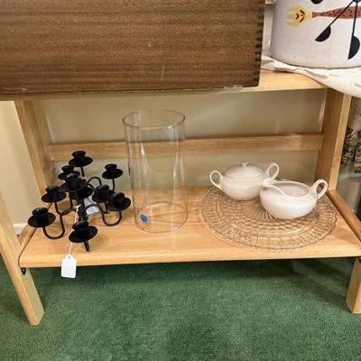 Sale Photo Thumbnail #37: Dishes, tins, glassware, books, custom curtains, mirror, silverware, framed art, etc
****Table, table cloth, plastic shelf, 2 wooden shelves, plate stands not included)****