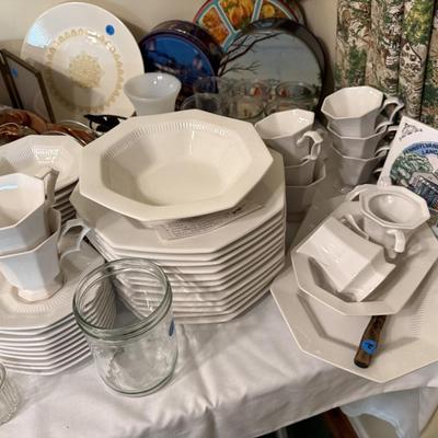 Sale Photo Thumbnail #41: Dishes, tins, glassware, books, custom curtains, mirror, silverware, framed art, etc
****Table, table cloth, plastic shelf, 2 wooden shelves, plate stands not included)****