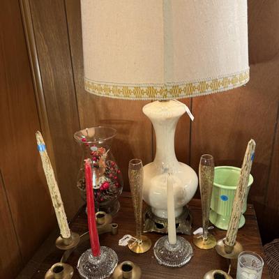 Sale Photo Thumbnail #59: Upholstered chair, lamps, candles, wood file cabinet, metal cabinet, ephemera, dishes, vases, decor, wall paper, ribbon, baskets, mirror,  railroad memorabilia, local advertising items, metal art, records, 8Track, cassettes, etc
****Table, wire shelf, pla