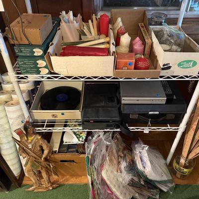 Sale Photo Thumbnail #52: Upholstered chair, lamps, candles, wood file cabinet, metal cabinet, ephemera, dishes, vases, decor, wall paper, ribbon, baskets, mirror,  railroad memorabilia, local advertising items, metal art, records, 8Track, cassettes, etc
****Table, wire shelf, pla