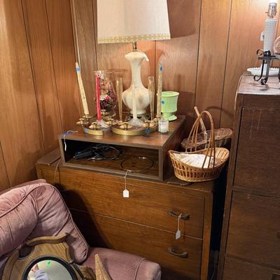 Sale Photo Thumbnail #49: Upholstered chair, lamps, candles, wood file cabinet, metal cabinet, ephemera, dishes, vases, decor, wall paper, ribbon, baskets, mirror,  railroad memorabilia, local advertising items, metal art, records, 8Track, cassettes, etc
****Table, wire shelf, pla