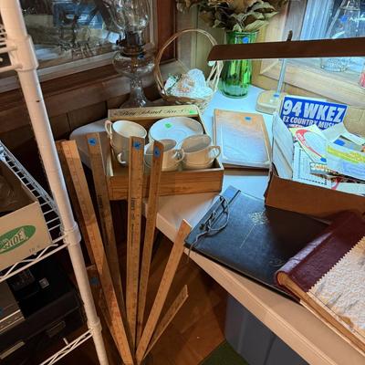 Sale Photo Thumbnail #53: Upholstered chair, lamps, candles, wood file cabinet, metal cabinet, ephemera, dishes, vases, decor, wall paper, ribbon, baskets, mirror,  railroad memorabilia, local advertising items, metal art, records, 8Track, cassettes, etc
****Table, wire shelf, pla