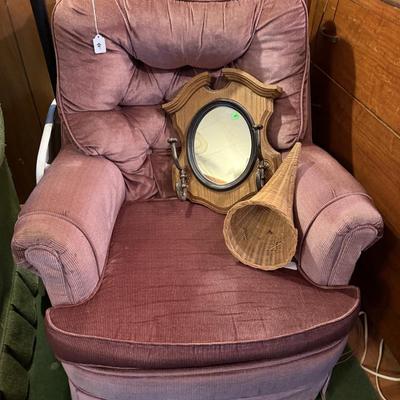 Sale Photo Thumbnail #60: Upholstered chair, lamps, candles, wood file cabinet, metal cabinet, ephemera, dishes, vases, decor, wall paper, ribbon, baskets, mirror,  railroad memorabilia, local advertising items, metal art, records, 8Track, cassettes, etc
****Table, wire shelf, pla