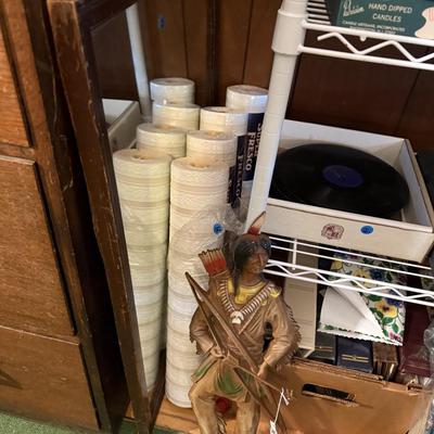 Sale Photo Thumbnail #57: Upholstered chair, lamps, candles, wood file cabinet, metal cabinet, ephemera, dishes, vases, decor, wall paper, ribbon, baskets, mirror,  railroad memorabilia, local advertising items, metal art, records, 8Track, cassettes, etc
****Table, wire shelf, pla