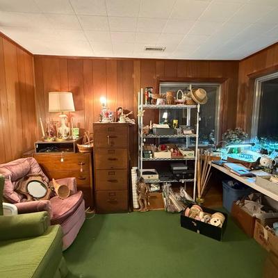 Sale Photo Thumbnail #47: Upholstered chair, lamps, candles, wood file cabinet, metal cabinet, ephemera, dishes, vases, decor, wall paper, ribbon, baskets, mirror,  railroad memorabilia, local advertising items, metal art, records, 8Track, cassettes, etc
****Table, wire shelf, pla