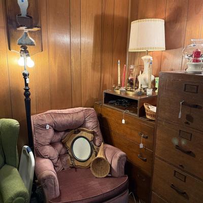 Sale Photo Thumbnail #48: Upholstered chair, lamps, candles, wood file cabinet, metal cabinet, ephemera, dishes, vases, decor, wall paper, ribbon, baskets, mirror,  railroad memorabilia, local advertising items, metal art, records, 8Track, cassettes, etc
****Table, wire shelf, pla