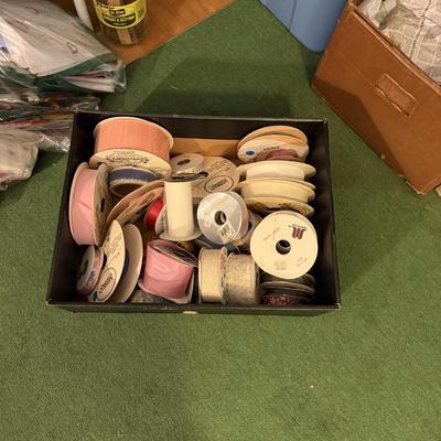 Sale Photo Thumbnail #56: Upholstered chair, lamps, candles, wood file cabinet, metal cabinet, ephemera, dishes, vases, decor, wall paper, ribbon, baskets, mirror,  railroad memorabilia, local advertising items, metal art, records, 8Track, cassettes, etc
****Table, wire shelf, pla