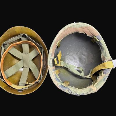 Sale Photo Thumbnail #322: Includes two Korean/Vietnam Era helmets with liners, a USMC flight cap, a USN "Dixie Cup" hat, and a WWII Era Haversack. Total of five pieces. Age related wear. [JP]