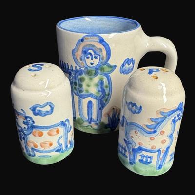 Sale Photo Thumbnail #330: Includes a serving bowl, salad plates, salt and pepper, and a mug. Total of seven pieces. Country couple and other country scenes. [CS]