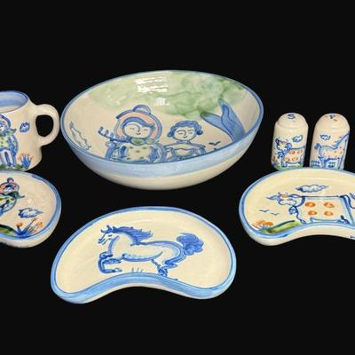 Sale Photo Thumbnail #327: Includes a serving bowl, salad plates, salt and pepper, and a mug. Total of seven pieces. Country couple and other country scenes. [CS]