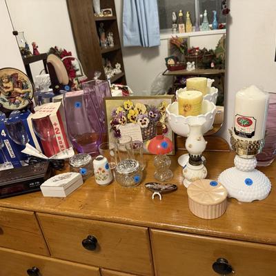 Sale Photo Thumbnail #64: 2 dressers, vintage men’s clothing, Avon, original art, wooden hangers, milk glass, dresser top items, books, etc