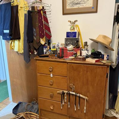 Sale Photo Thumbnail #69: 2 dressers, vintage men’s clothing, Avon, original art, wooden hangers, milk glass, dresser top items, books, etc