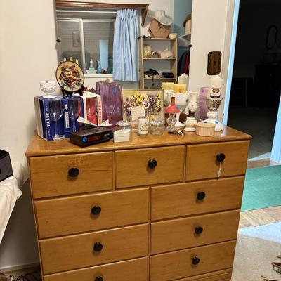 Sale Photo Thumbnail #63: 2 dressers, vintage men’s clothing, Avon, original art, wooden hangers, milk glass, dresser top items, books, etc