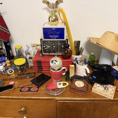 Sale Photo Thumbnail #71: 2 dressers, vintage men’s clothing, Avon, original art, wooden hangers, milk glass, dresser top items, books, etc