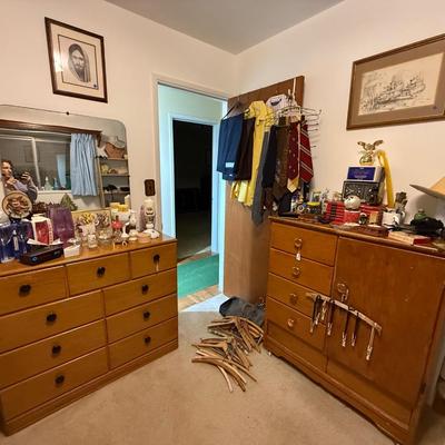 Sale Photo Thumbnail #62: 2 dressers, vintage men’s clothing, Avon, original art, wooden hangers, milk glass, dresser top items, books, etc